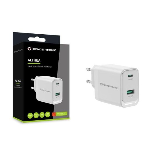 Chargeur universel Conceptronic ALTHEA20W45 45W GaN USB-C USB-A blanc