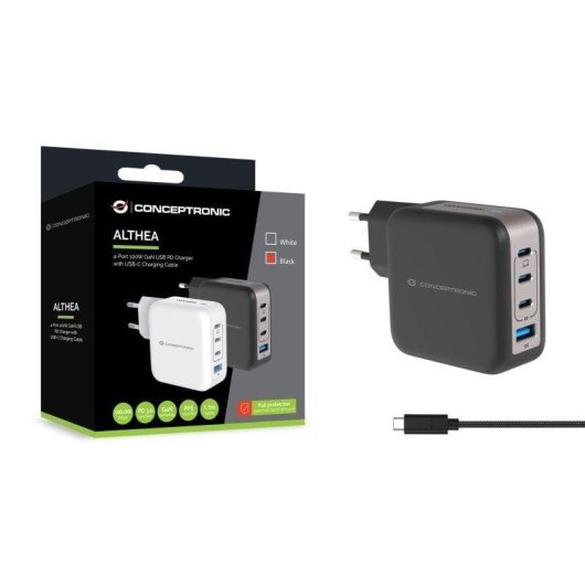Carregador móvel Conceptronic ALTHEA18B 100W USB-C 3 portas Preto GaN