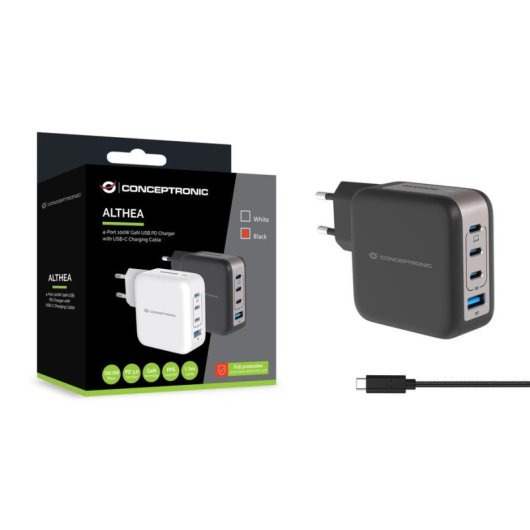 Carregador móvel Conceptronic ALTHEA18B 100W USB-C 3 portas Preto GaN