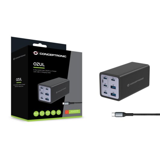 Carregador universal para dispositivos móveis Conceptronic OZUL06BE, preto, com carregamento rápido CA para interiores