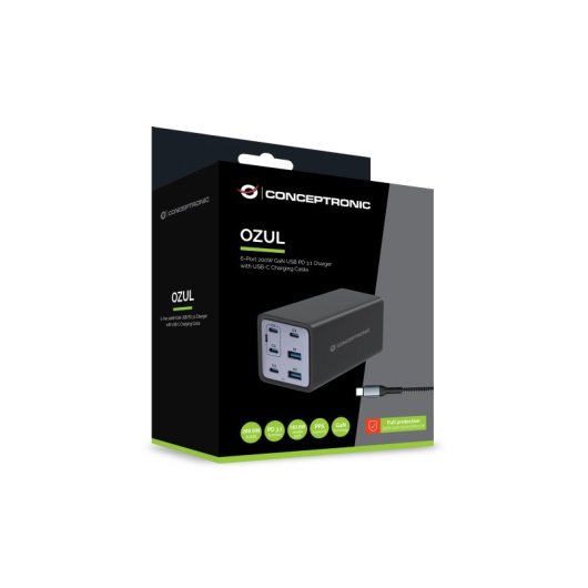 Carregador universal para dispositivos móveis Conceptronic OZUL06BE, preto, com carregamento rápido CA para interiores