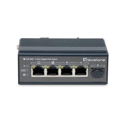 Switch industriale LevelOne IGP-0501 4 porte Gigabit PoE+ 1 SFP IP30 metallo DIN rail
