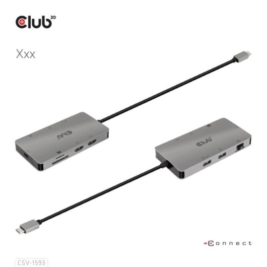 Hub USB 3.2 Gen 1 Type-C CLUB3D CSV-1593 8 Portas HDMI e Gigabit Ethernet Metálico