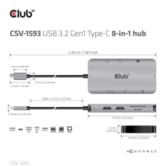 Hub USB 3.2 Gen 1 Type-C CLUB3D CSV-1593 8 Portas HDMI e Gigabit Ethernet Metálico