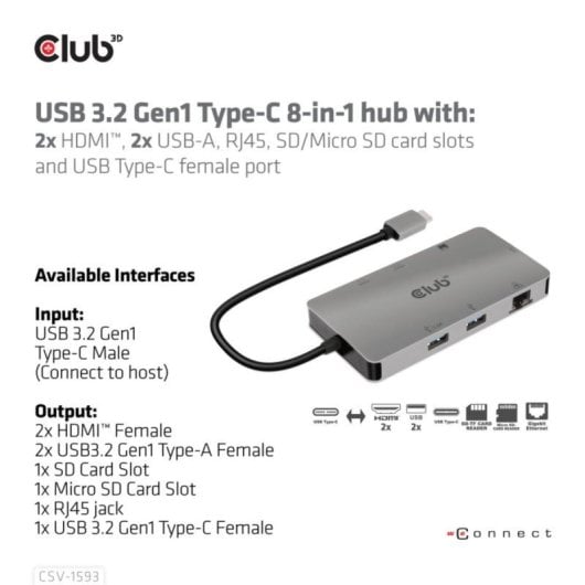 Hub USB 3.2 Gen 1 Type-C CLUB3D CSV-1593 8 Portas HDMI e Gigabit Ethernet Metálico