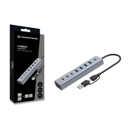 Hub USB Conceptronic HUBBIES20G 7 Puertos USB 3.2 Tipo-C y Tipo-A Aluminio Gris 0,25m