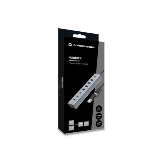 Hub USB Conceptronic HUBBIES20G 7 Puertos USB 3.2 Tipo-C y Tipo-A Aluminio Gris 0,25m