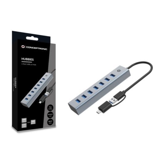 Hub USB Conceptronic HUBBIES21G 7 Portas USB 3.2 Gen 1 5000 Mbit/s Alumínio Cinzento