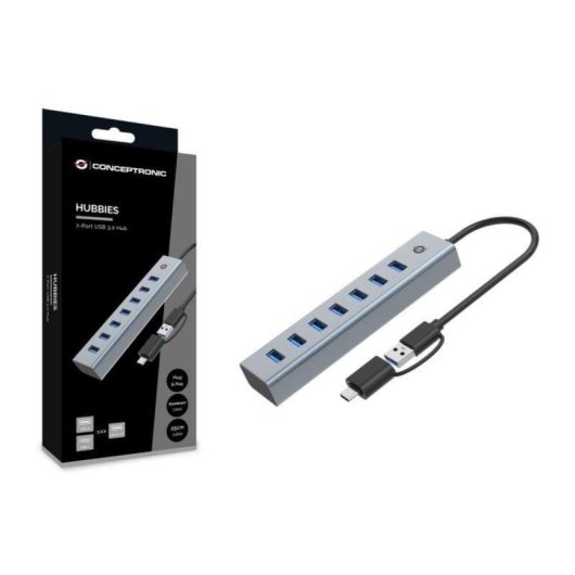 Hub USB Conceptronic HUBBIES21G 7 Puertos USB 3.2 Aluminio Gris