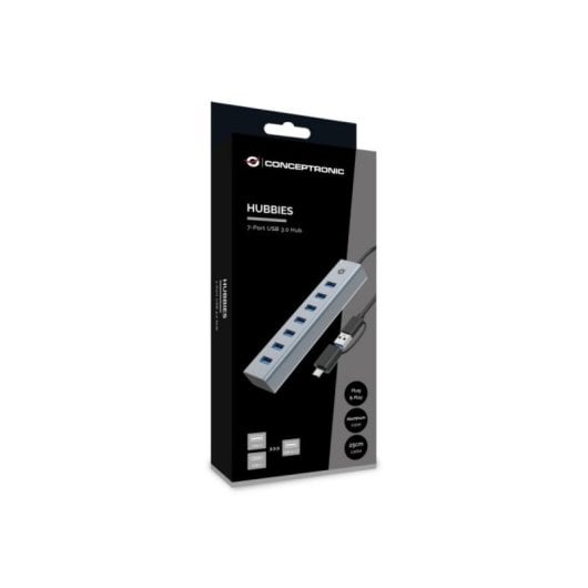 Hub USB Conceptronic HUBBIES21G 7 Portas USB 3.2 Gen 1 5000 Mbit/s Alumínio Cinzento