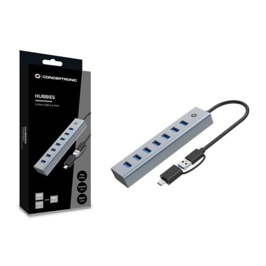 Hub USB Conceptronic HUBBIES21G 7 Puertos USB 3.2 Aluminio Gris