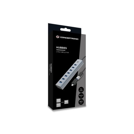 Hub USB Conceptronic HUBBIES21G 7 Portas USB 3.2 Gen 1 5000 Mbit/s Alumínio Cinzento
