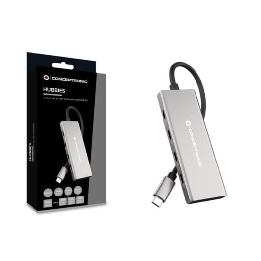 Hub USB Conceptronic HUBBIES17G 7 Puertos USB 3.2 Gen 2 Type-C y Type-A 100W Aluminio Gris