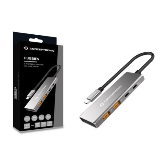 Hub USB Conceptronic HUBBIES15G 4 Puertos USB 3.2 Gen 2 Aluminio 100W Gris