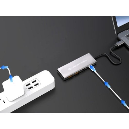 Hub USB Conceptronic HUBBIES15G 4 Puertos USB 3.2 Gen 2 Type-C/Type-A Aluminio 100W Gris