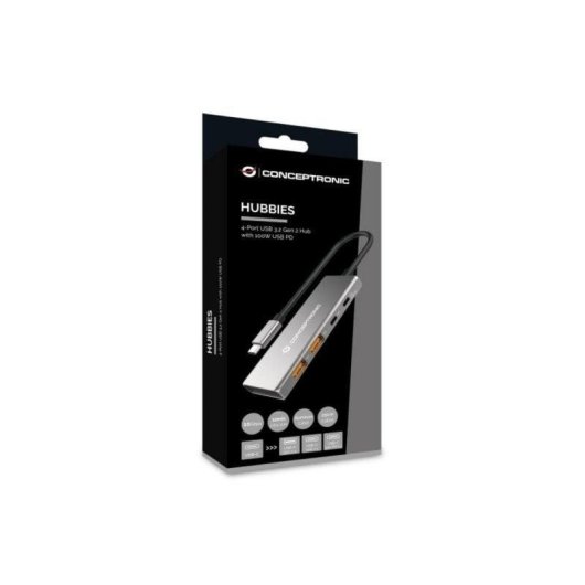 Hub USB Conceptronic HUBBIES15G 4 Puertos USB 3.2 Gen 2 Aluminio 100W Gris