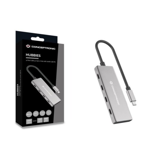Hub USB Conceptronic HUBBIES16G 4 Puertos USB-C 3.2 Gen 2 Aluminio Gris 100W Power Delivery