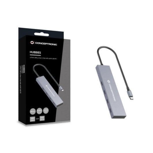 Hub USB-C Conceptronic HUBBIES14G 4 Puertos USB 3.2 Gen 2 100W Aluminio Gris