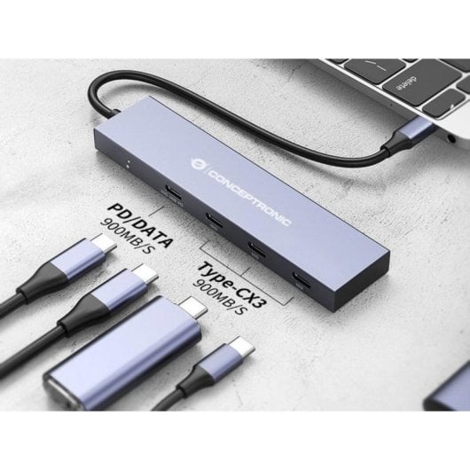 Hub USB-C Conceptronic HUBBIES14G 4 Puertos USB 3.2 Gen 2 100W Aluminio Gris