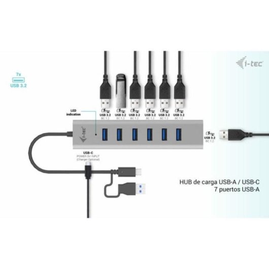 Hub USB i-tec 7 Puertos Metal USB-C/USB-A 5 Gbps Carga Activa Gris