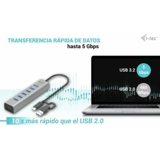 Hub USB i-tec 7 Puertos Metal USB-C/USB-A 5 Gbps Carga Activa Gris