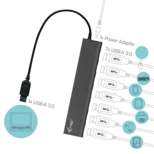 Hub USB 3.0 i-tec Metal 7 Puertos 5Gbps Plata Alimentación Externa Plug & Play