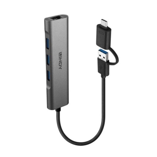 Lindy 43379 Hub 4 Portas USB 3.2 Gen1 Tipo-A/Tipo-C com Gigabit Ethernet 4K UHD Cinzento
