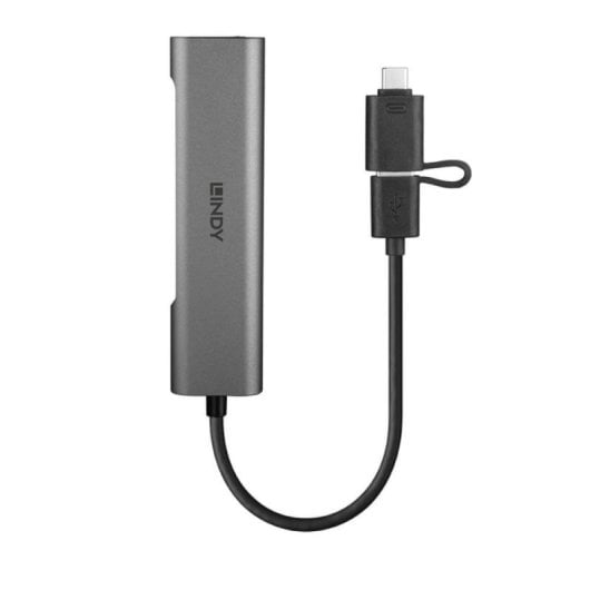 Lindy 43379 Hub 4 Portas USB 3.2 Gen1 Tipo-A/Tipo-C com Gigabit Ethernet 4K UHD Cinzento