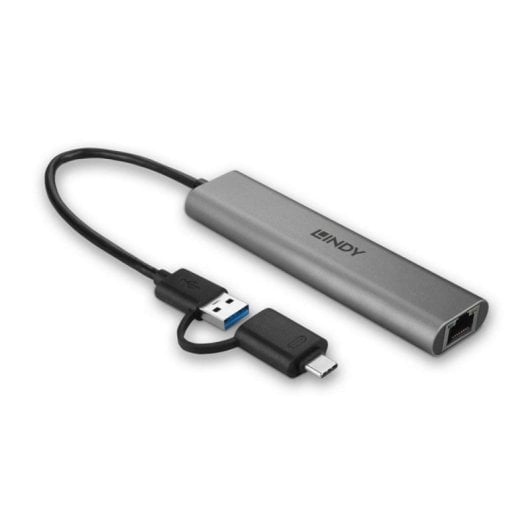 Lindy 43379 Hub 4 Portas USB 3.2 Gen1 Tipo-A/Tipo-C com Gigabit Ethernet 4K UHD Cinzento
