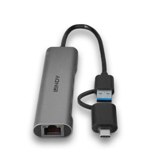 Lindy 43379 Hub 4 Portas USB 3.2 Gen1 Tipo-A/Tipo-C com Gigabit Ethernet 4K UHD Cinzento