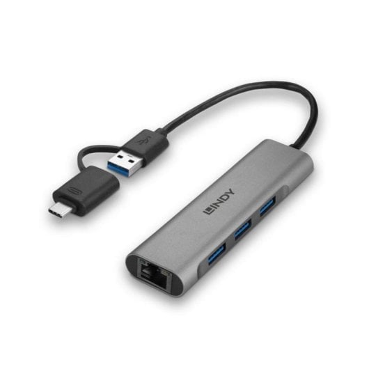 Lindy 43379 Hub 4 Portas USB 3.2 Gen1 Tipo-A/Tipo-C com Gigabit Ethernet 4K UHD Cinzento