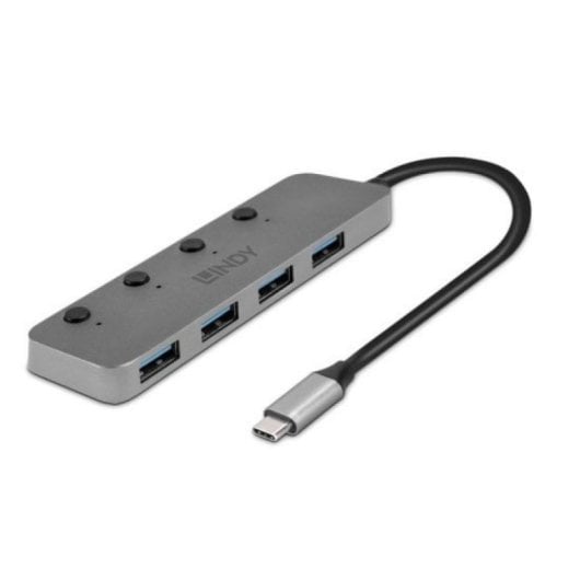 Hub USB Lindy 43383 4 Puertos USB 3.2 Gen 1 Type-C Gris Aluminio 5000 Mbit/s