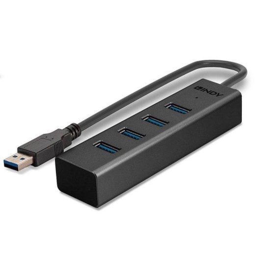 Hub USB Lindy 43324 4 Ports USB 3.2 Gen 1 5Gbps Aluminium/Kunststoff Schwarz 0,3m