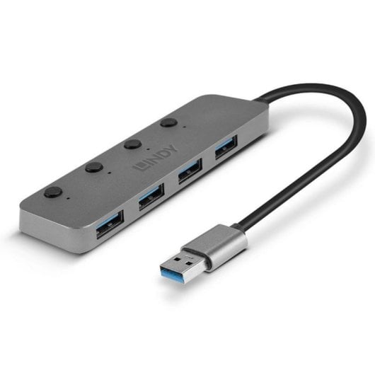 Hub USB Lindy 43309 4 Puertos USB 3.2 Gen 1 Aluminio ABS Gris 5Gbps