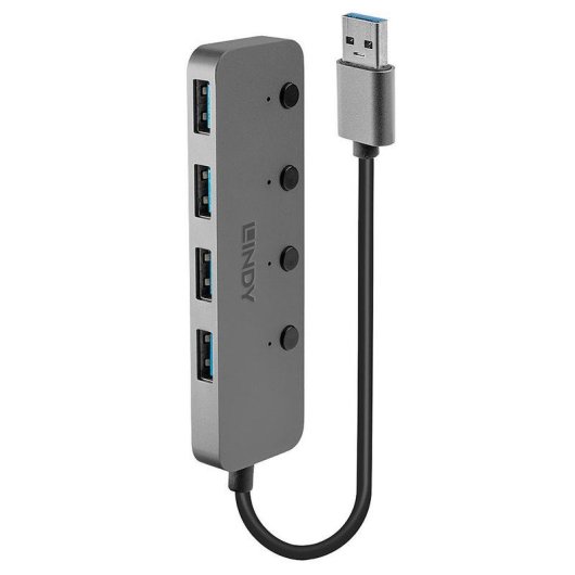Hub USB Lindy 43309 4 Puertos USB 3.2 Gen 1 Aluminio ABS Gris 5Gbps