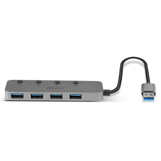 Hub USB Lindy 43309 4 Puertos USB 3.2 Gen 1 Aluminio ABS Gris 5Gbps
