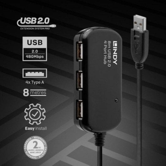 Hub de interfaz Lindy 42781 USB 2.0 4 puertos cable 8 m Plug and Play