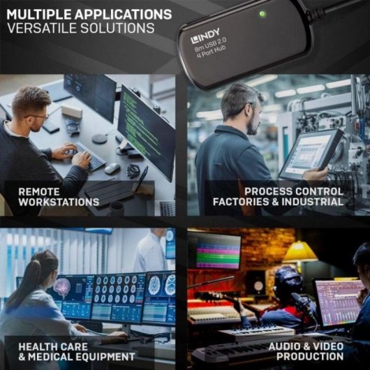 Hub de interfaz Lindy 42781 USB 2.0 4 puertos cable 8 m Plug and Play