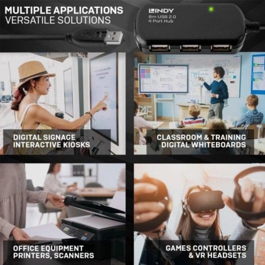 Hub de interfaz Lindy 42781 USB 2.0 4 puertos cable 8 m Plug and Play