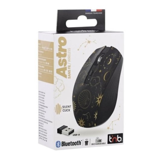 T'nB MWXASTRO2 Rato Sem Fios Bluetooth/USB com 1600 DPI, 6 Botões e Recarregável Preto