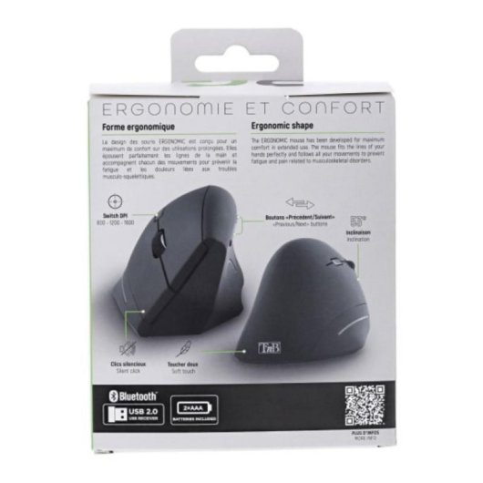Ratón vertical T'nB MWERGOVBT Bluetooth + USB Type-A 1600 DPI 6 botones Negro