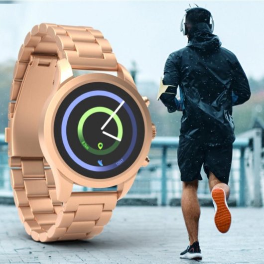 Reloj inteligente Forever SW-800 Verfi 1.3" IPS, Resistente Agua IP68, Banda Metal Oro S/M