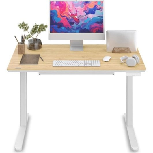 Escritorio Eléctrico Sense7 NEWAI 120x60 cm Bambú Blanco Ajuste Altura Electrónico 4 Perfiles