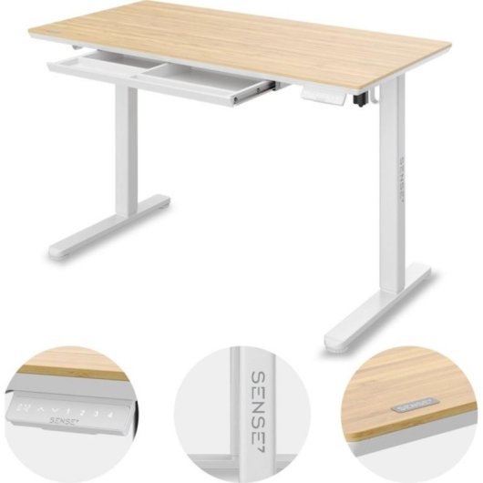 Escritorio Eléctrico Sense7 NEWAI 120x60 cm Bambú Blanco Ajuste Altura Electrónico 4 Perfiles
