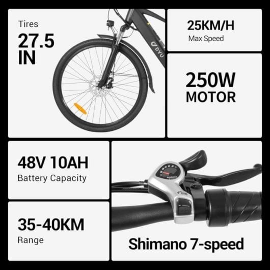 Bicicleta eléctrica DYU C5 48V 10Ah 250W suspensión hidráulica frenos doble disco negro