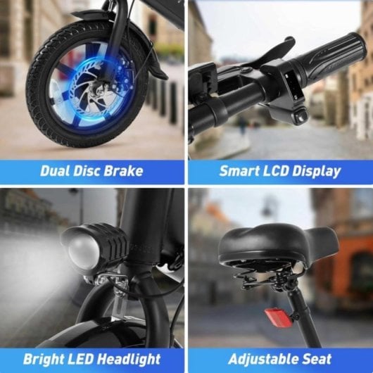 Bicicleta eléctrica DYU C3 plegable 14" 36V 7,5Ah 25km/h LED frenos disco IP54 negra