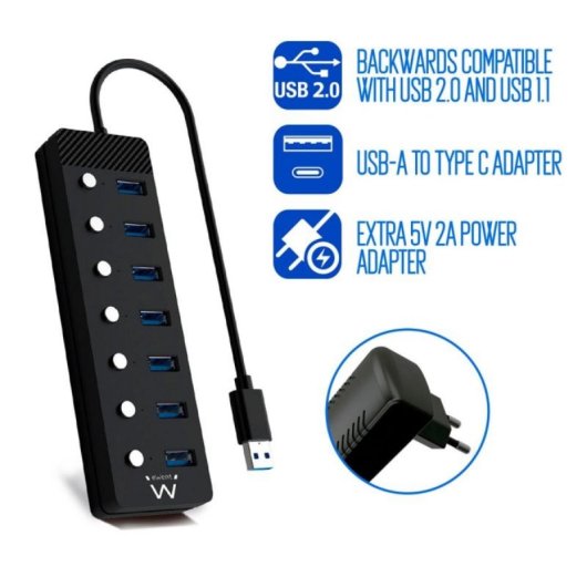 Hub USB Ewent EW1147 7 Puertos USB 3.2 Gen1 Alimentado Adaptador USB-C Negro