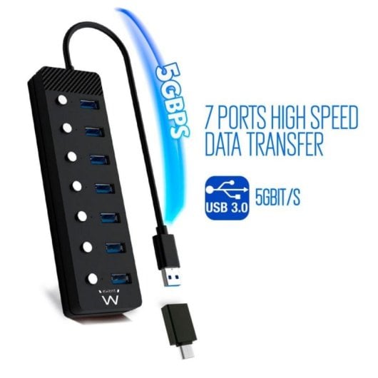 Hub USB Ewent EW1147 7 Puertos USB 3.2 Gen1 Alimentado Adaptador USB-C Negro