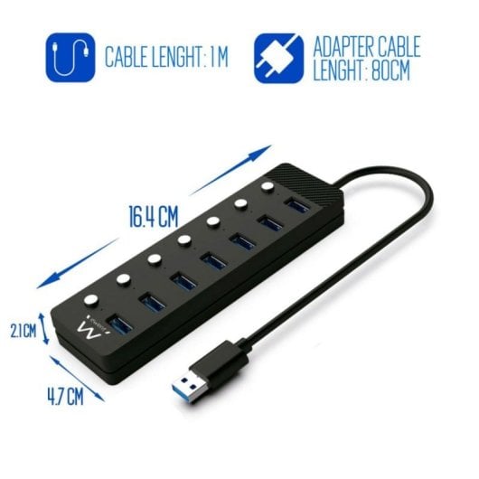 Hub USB Ewent EW1147 7 Puertos USB 3.2 Gen1 Alimentado Adaptador USB-C Negro