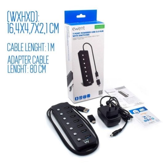 Hub USB Ewent EW1147 7 Puertos USB 3.2 Gen1 Alimentado Adaptador USB-C Negro